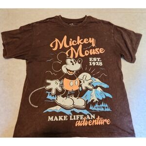 Mickey Mouse Graphic T-Shirt Disney Adventure‎ Tee Brown Cotton Blend